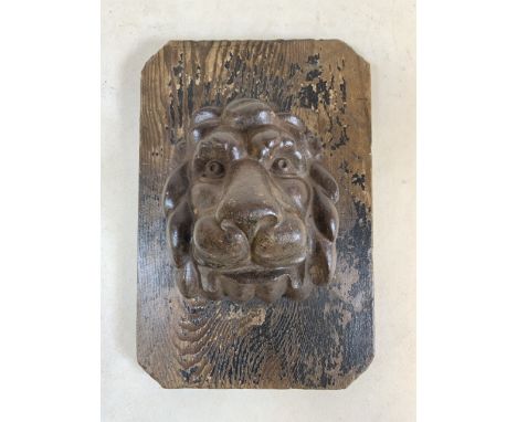 A iron lion face door knocker on a wooden plinth.