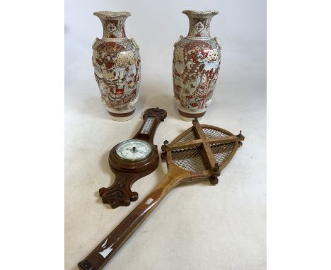 A vintage tennis racquet in press together with an oak barometer and a pair of oriental style baluster decorative vases H:46c