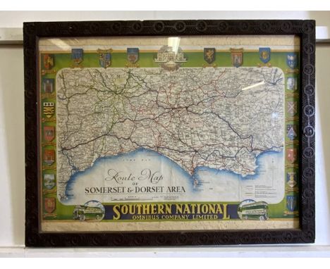 A Southern National Omnbus company limited route map of Somerset and Dorset with surrounding towns and their crests in ornate