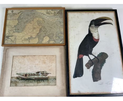 A pith painting of an oriental boat and a mid century map of Poole Harbour also with the Tucan print.