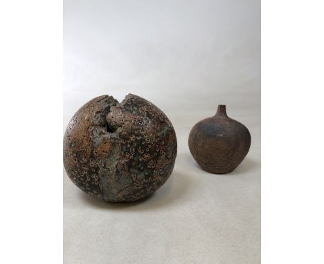 A split form stoneware  vase by Alan Wallwork late 1970s together with a small studio vase W:15cm x H:15cm Wallwork vase