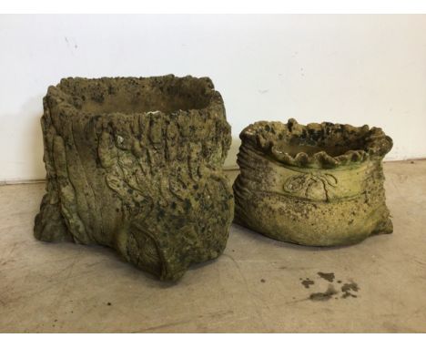 Two concrete planters one in the form of a tree trunk the other a bag of wheat. Largest W:35cm x D:40cm x H:28cm