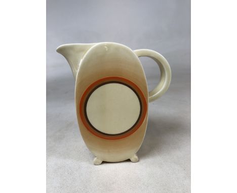 A Clarice Cliff Bonjour milk Jug in banded design. Printed signature to baseW:16cm x D:7.5cm x H:16cm