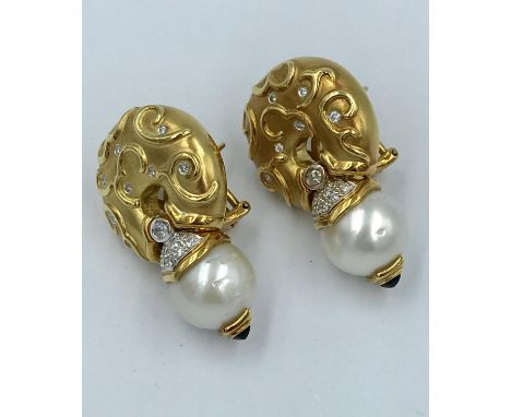 Pair of 18ct gold marked 750 diamond &amp; pearl earrings 38.5g 