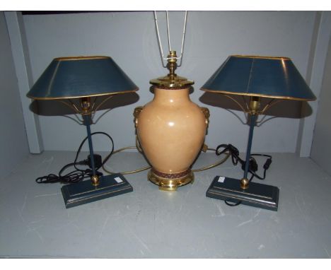 Pair green &amp; gilt table lamps and a large brown and gilt table lamp 