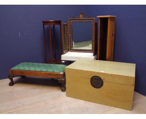 Mahogany plant stand, small yellow painted trunk, two upholstered stools, pine CD holder, and a dressing table triple mirror 