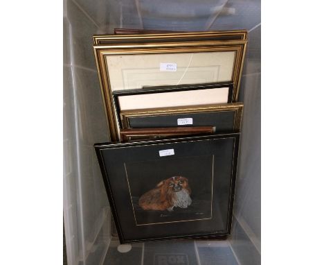 Qty of prints, photos and water colours, leather bound bible and a tin containing bone handled manicure tools 