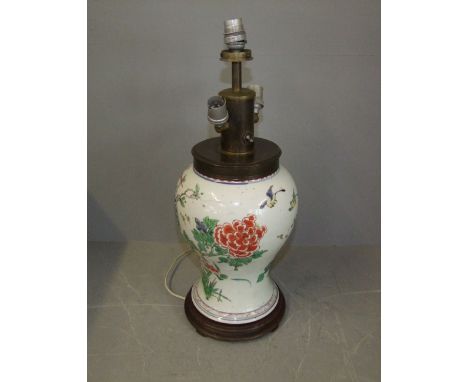 Chinese porcelain waisted  vase decorated with flowers,birds &amp; butterflies, now as a triple lamp 46cm H (hairline crack t