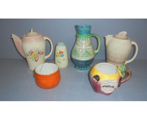 Arthur Wood "The Beatles" apple jug, Clarice Cliff orange squeezer. Myott jug, Wilkinson sugar sifter, Susie Cooper hot water