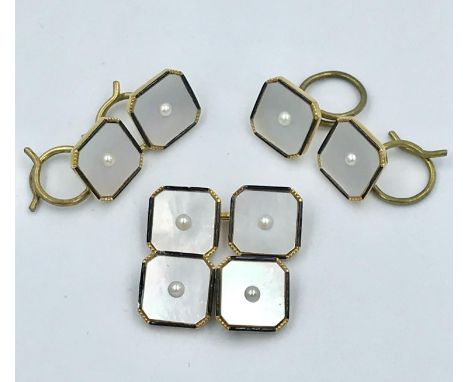 Set of 18ct gold mother of pearl &amp; enamel dress studs (4) with matching double sided cufflinks 