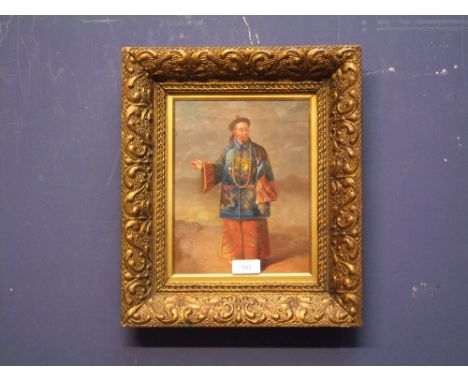 Gilt framed oil on board portrait of a Chinese man in traditional dress 