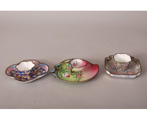 Three sets of C18th Chinese painted enamel cups and saucers, the first of peach form and painted with ripe peaches and blosso