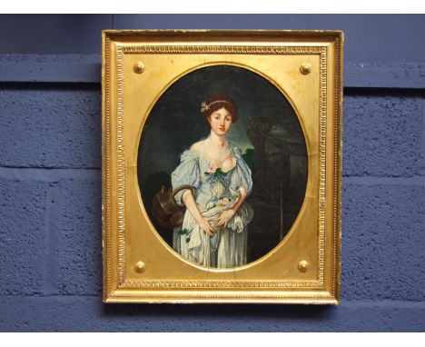 C19th French oil on wood panel "portrait of a young lady" 3/4 length oval 36x30 in gilt frame 