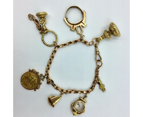 9ct Rose gold chain link bracelet with 6 9ct charms &amp; a bezel mounted 1912 half sovereign 