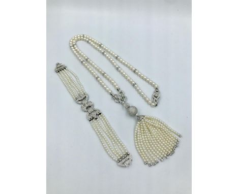 Pearl &amp; diamond negligee necklace with diamond set clasp &amp; drop marked 750 with an Art Deco style pearl 4 strand brac