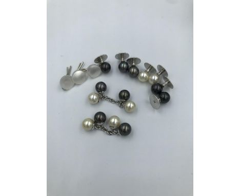 Set of black &amp; white pearl dress studs in 9ct white gold with matching double sided cufflinks 