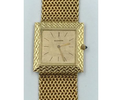 Boucheron 18ct gold watch, square gold face with black baton markers, sapphire combination crown with engine turned bezel on 