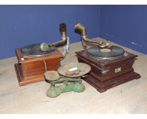 Two wind up gramaphones, and a set of scales 