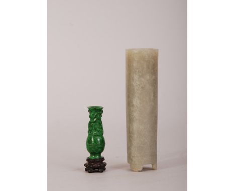 C18th/19th Chinese jade incense holder, raised on three ruyi-head supports and with two key-fret borders, 10.9cm high; togeth