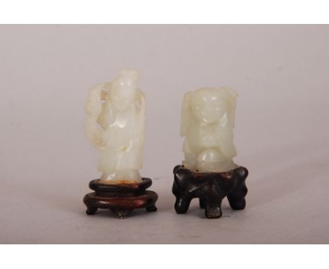 C19th Chinese carved jade figure of a lady, on a wood stand, 6.5cm high overall; together with a jade figure of a boy. (2) 