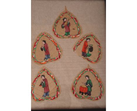 C19th Chinese mounted set of five Bodhi leaf paintings, each painted to depict a lady playing instrument, all mounted within 