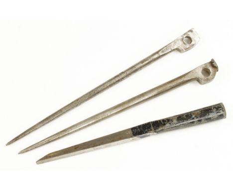 Two steel drawbore pins and an unused socket mortice chisel by J.FROST Norwich (ill. NTM p62) G+