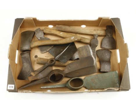 Three pick axe heads and eight other axes and axe heads G
