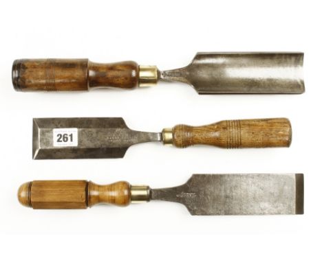 A 2" bevel edge chisel and a 2" gouge both by MARPLES and a 2" firmer chisel by SORBY G+