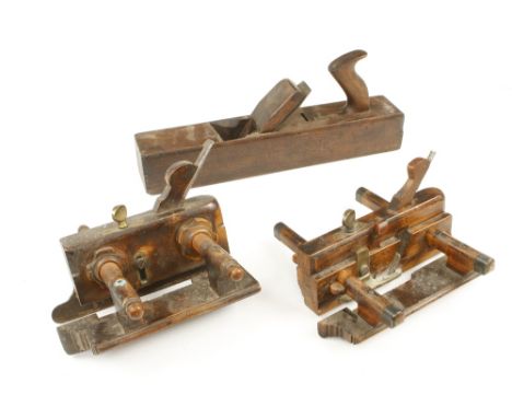 A screwstem plough (crack to fence) a sash fillister and a jack plane all by MATHIESON G