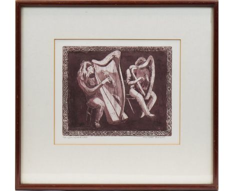 * WENDY DE RUSETT,THE MUSICAL FAMILY and THE HARP PLAYERShand coloured etchings, a pair, each signed, titled and numbered 6/3
