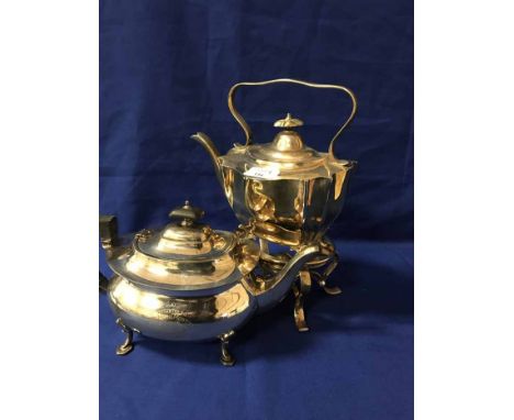 SILVER PLATED KETTLE ON STANDtogether with a plated teapot and other plated wares