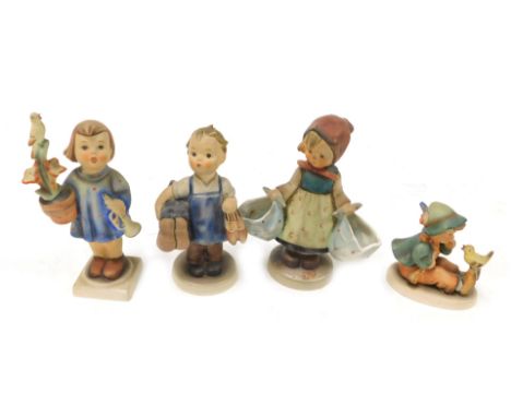 Four Hummel pottery figures, comprising Congratulations, Boots, Mothers' Darling, and Singing Lessons.