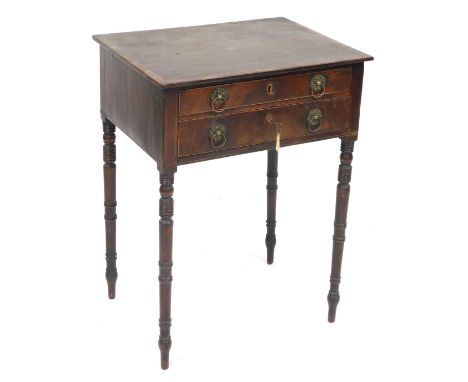 A George IV mahogany and crossbanded side table, with two frieze drawers, raised on ring turned legs, 71cm high, 53.5cm wide,