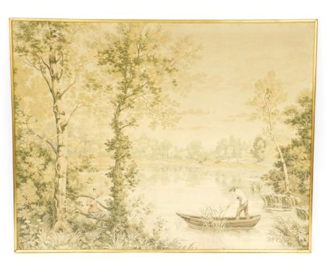 After Corot. A tapestry wall hanging of a lake scene, with a man in a boat, and a lady seated on the bank of the lake, gilt f