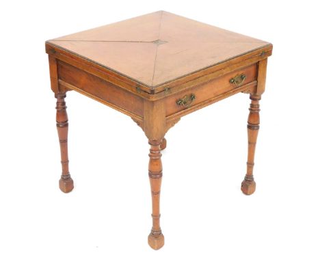 A Victorian mahogany envelope card table, with a red baize interior, raised on turned legs, on block feet, 60cm high, 55cm wi