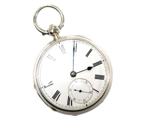 A Victorian gentleman's silver cased pocket watch, open faced, key wind, circular enamel dial bearing Roman numerals, subsidi