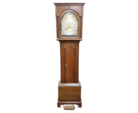 A Georgian oak longcase clock, by Thomas Napier of Glasgow, the brass break arch dial with decorative spandrels, silvered cha