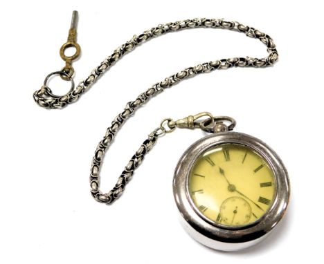 A Victorian gentleman's silver cased pocket watch, open faced, key wind, circular enamel dial bearing Roman numerals, subsidi