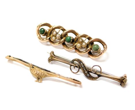 A Victorian turquoise and seed pearl bar brooch, in a five ring scrolling design, yellow metal stamped 9ct, together with a b