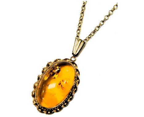 A 9ct gold and amber oval pendant, on a belcher link neck chain, with bolt ring clasp, 4.8g.