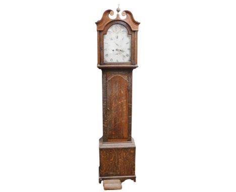 A Georgian oak longcase clock, the break arch dial painted with floral cornucopias and vases of flowers, dial bearing Roman a