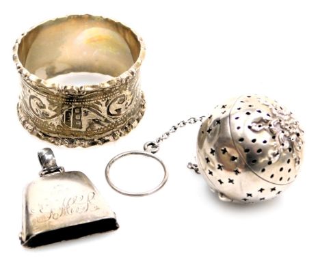An Edward VII silver and enamel baby's rattle, titled "Baby" and foliate engraved verso, monogram engraved, Birmingham 1906, 