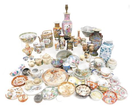 A group of Chinese and Japanese pottery and porcelain, etc., including a table lamp, vases, teapot, cups and saucers.  (a qua