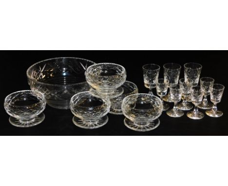 Three Edinburgh Crystal cut glass sherry glasses, six liqueur glasses, five Webb Corbett cut glass sundae dishes, and a cut g