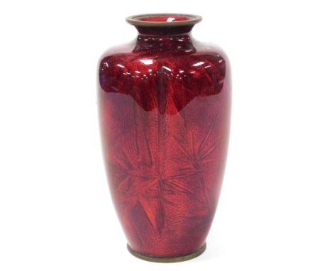 A Meiji period Akasuke Ginbari cloisonne enamel vase, of shouldered, fluted form, decorated with birds and leaves, character 