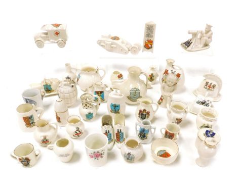 Goss and crested china, Carltonware ambulance, arms of Ripon, fireman's helmet, arms of London, Arcadian model of Tommy and H