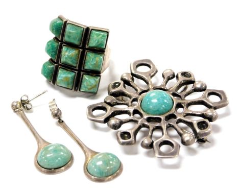 A group of David Andersen silver jewellery, comprising a ring set with nine pyramidical turquoises, size O, silver and turquo