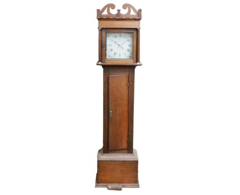 A Georgian oak longcase clock, by Chaplins of Bury, square dial with chapter ring bearing Roman and Arabic numerals, date ape