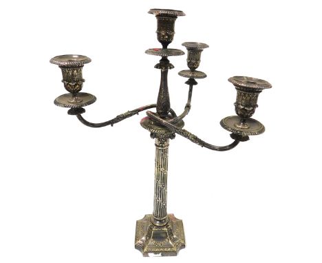 An early 20thC Adams style silver plated four branch candelabrum, by Henry Wilkinson and Company Ltd, the scrolling four bran