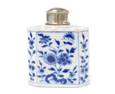 A Kangx porcelain blue and white tea caddy, with white metal lid, of canted rectangular form, decorated with flowers, 11cm hi